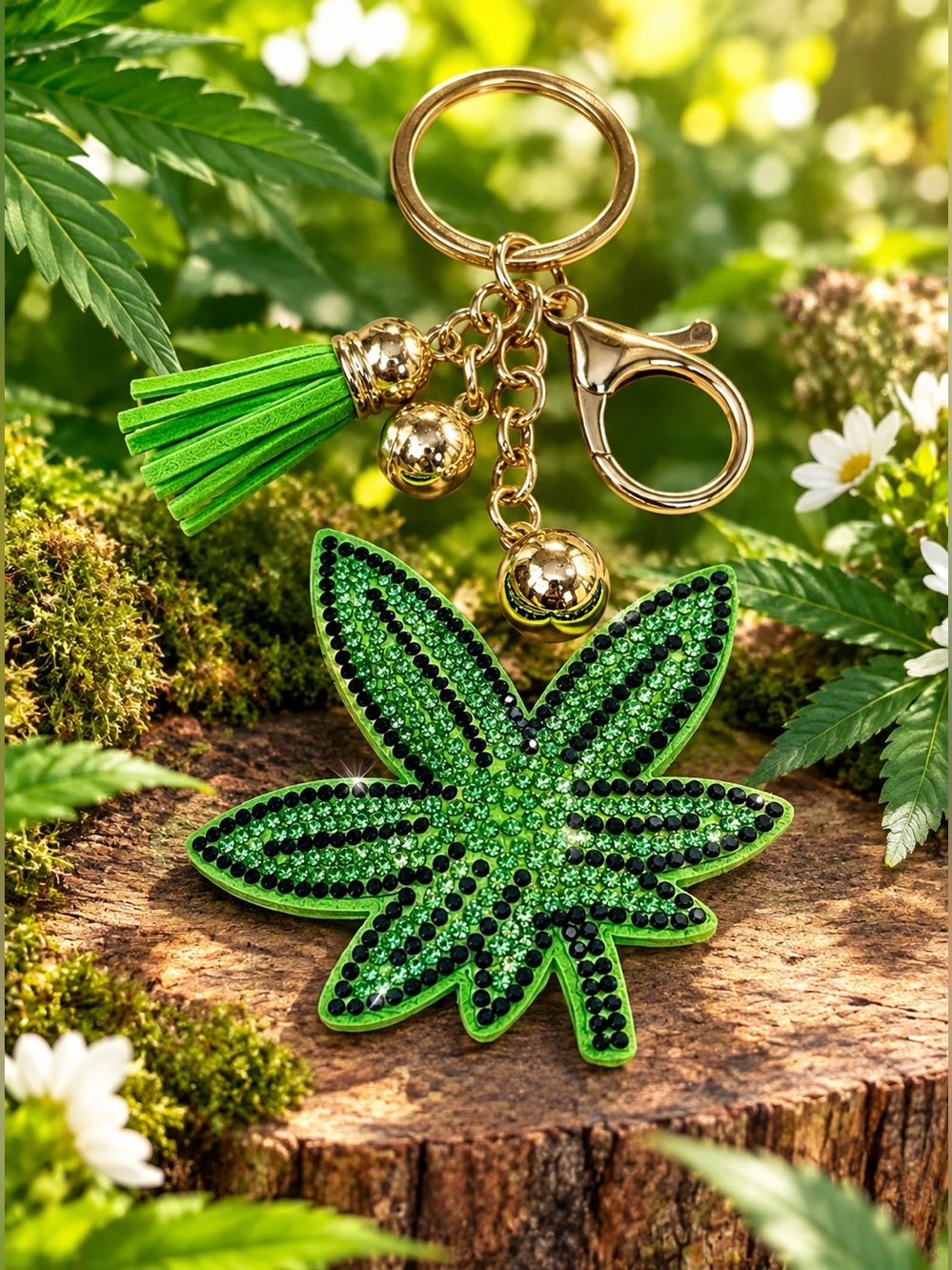 Kush Bling Green Leaf Keychain Charm - Boho Hippie Meets Elegance